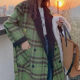 艾格2024秋冬韩版正反两穿外套小众复古显白咖绿长款粗格子毛呢大衣女 绿色 S 建议95-105