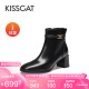 KISSCAT接吻猫女靴2023秋冬新款加绒保暖通勤裸靴百搭高跟短靴KA43712-10 黑色（加绒） 38