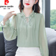皮尔卡丹（pierre cardin）真丝衬衫女士长袖夏季新款宽松遮肚子漂亮洋气小衫桑蚕丝上衣 豆绿色 2XL