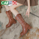 卡帝乐鳄鱼 CARTELO 西部牛仔靴民族风女长筒靴 KDH-8896-3 棕色单里 39 