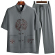 中国风唐装男棉麻中老年人衣服爸爸爷爷短袖汉服两件套练功服薄款 深灰色套装 42（150-170）