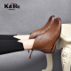 凯恩拉迪（Ken Radi）低跟短靴女新品软皮粗跟时装靴子后拉链圆头拼接款橡胶皮靴 棕色绒里 37