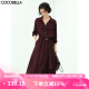 COCOBELLA气质酒红色法式连衣裙女肌理褶皱长袖衬衫裙FR106 酒红色 XL