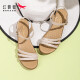红蜻蜓女凉鞋夏季休闲坡跟女鞋透气妈妈凉鞋编织软底 WTK9194 米白色38