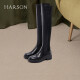 哈森2021冬季新款靴子女长筒靴中跟百搭炸街黑色女瘦瘦靴 HA17123 黑色牛皮革/织物 36