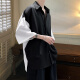 艾梵斯贝韩版时尚潮流宽松男士撞色七分袖衬衫青少年设计感小众衬衣潮外套 黑色 XL