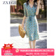 ZXEGI重磅真丝连衣裙杭州高端中年女士夏季新款印花桑蚕丝中长款裙子 天蓝色 XL