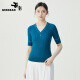 哥弟【GD】3D无缝一线成衣 明线设计V领短袖针织T恤衫女1399551 蓝松石 XL(5码)