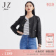 JZ玖姿气质格型绵羊皮短外套女装2022秋季新款时尚通勤休闲皮衣 素黑 S