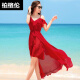 柏格伦三亚旅游衣服超仙红色沙滩裙女夏季长裙拍照大红裙海边度假连衣裙 L 红色