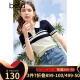 百图betu女装2024夏季新款毛针织衫减龄翻领条纹宽松短袖女2403T06 蓝白条 M