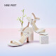 NINE WEST/玖熙一行诗一字带露趾凉鞋2024夏季新款真皮工作高跟鞋 米白色 34