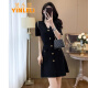 茵乐黎（YINLELI）轻奢女装短袖连衣裙夏季新款法式赫本风冰丝针织收腰显瘦A字裙 黑色 XL