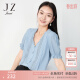 JUZUI玖姿夏季新款纯色法式蕾丝拼接短袖单上衣女雪纺衫 浅蓝 M