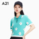 A21女装修身型合体翻领短袖半开筒线衫落肩小清新短款针织衫 薄荷绿 S