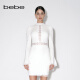 bebe春夏系列女士短款收腰蕾丝镂空纯色长袖连衣裙250002 本白 S