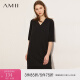 Amii极简时尚通勤chic感V领H型连衣裙夏季新款宽松中袖裙子 黑色 170/92A/XL