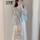 丹珠娜（DanZhuNa）新中式连衣裙女装2024夏季新款国风套装绝美汉服改良版长裙子夏天 蓝色上衣+白色裙子 XL