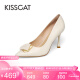 KISSCAT接吻猫女士高跟鞋细根尖头正装皮鞋女春秋新款浅口单鞋KA43116-13 米色 36