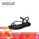 KISSCAT接吻猫2024夏季新款凉鞋女夹趾水钻珍珠细带一字带凉鞋KA54310-14 黑色 37
