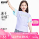 安奈儿童装女童圆领短袖T恤2024年夏儿童网纱拼接印花上衣 石楠紫 160 