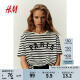 H&M女装T恤夏季新款字母印花美式宽松学院风短袖上衣1163560 黑色条纹/Paris 165/96