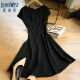 真维斯（JEANSWEST）连衣裙女夏季时尚显瘦收腰通勤短袖圆领裙子黑色L