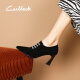 Carl Beck品牌深口单鞋女磨砂羊皮气质水钻百搭黑色2024春季粗跟尖头高跟鞋 39