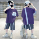 猴兄仔童装男童短袖套装夏季男孩炸街休闲T恤短裤两件套中大儿童夏装潮8 紫色 150(建议身高140CM左右)