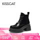 KISSCAT接吻猫女靴秋冬新款真皮时尚马丁靴粗中跟加绒保暖短靴KA43588-52 黑色 36