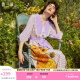 两三事梵高系列 向夏日葵 夏季新款复古蕾丝格子印花连衣裙 紫色 M