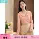 茵曼2023春女装新款法式纯棉刺绣花边领灯笼袖衬衣 粉橙色 XL