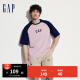 Gap男女装2024夏季新款LOGO撞色插肩袖短袖T恤宽松休闲上衣544461 粉蓝撞色 170/92A(M) 亚洲尺码