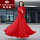俞兆林（YUZHAOLIN）2023新款女长袖系带领纯色雪纺连衣裙修身显瘦沙滩度假长款大摆裙 红色 XL_建议115-125斤