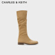 CHARLES&KEITH23新品复古绒面西部牛仔长筒堆堆靴子女靴女士CK1-90380137 Tan茶色 36