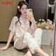古今（GUJIN）春夏新品性感甜美冰丝睡衣女三件套短长袖睡裤仿真丝家居服套装L