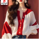 皮尔卡丹（pierre cardin）红白撞色灯笼袖雪纺衬衫2025早秋新款法式轻奢感别致上衣女装 拼色 XL 115-130斤
