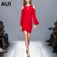 AUI连衣裙女2024春款欧美风红色露肩长袖设计感修身裙子 红色 M