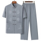 夏中国风男士唐装中老年人短袖套装中式大码汉服棉麻爸爸晨练衣服 浅灰色套装 41/XL(125-145斤)