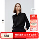 朗姿法式优雅缎面设计感通勤职业衬衫女2025年春季捏褶翻领上衣 黑色2 S