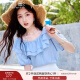 香影挂脖上衣女2025年夏季新款绝美仙女泡泡袖荷叶边露背蓝色小衫 蓝色 L