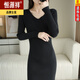 恒源祥长款V领羊毛衫针织连衣裙秋冬修身包臀打底衫内搭过膝中长款毛衣 黑色 XL 建议125-140斤