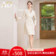 AD秋款高级感缎面连衣裙女新款米色长袖西服裙时尚气质正装连身裙 米色连衣裙 XL