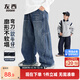 左西男童裤子保暖儿童秋冬季牛仔裤2025加绒弯刀裤 牛仔色 150