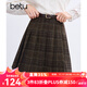 百图betu女装冬季新款半身裙高腰毛呢格纹A字百褶裙裙子女2411T68 咖格 M