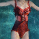 泳衣女连体修身露背网红同款性感小胸显瘦遮肚比基尼蕾丝温泉泳装 焦糖色 S