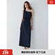ELLE法式高级感斜肩连衣裙女2025秋季新款链条设计感收腰a字长裙 藏青 S