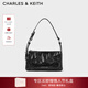 CHARLES&KEITH褶皱油蜡皮斜挎小方包手提包腋下包女士情人节礼物CK2-80160183 Noir黑色 S