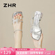 ZHR则则凉鞋女夏季透明水晶粗跟一字带鞋子蝴蝶结露趾水钻女鞋KH30银色37