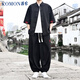 罗蒙（ROMON）国风盘扣衬衫男夏季潮流新中式宽松百搭短袖套装黑色2XL